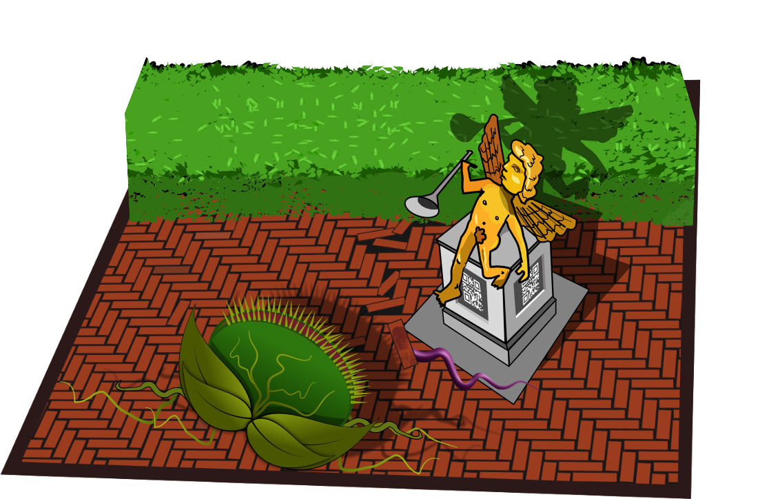 Horror in the Garden promotional artwork showing the garden maze, statue and monster plant