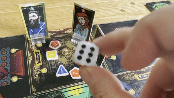 Monster standees and players on the Horror in the Library board